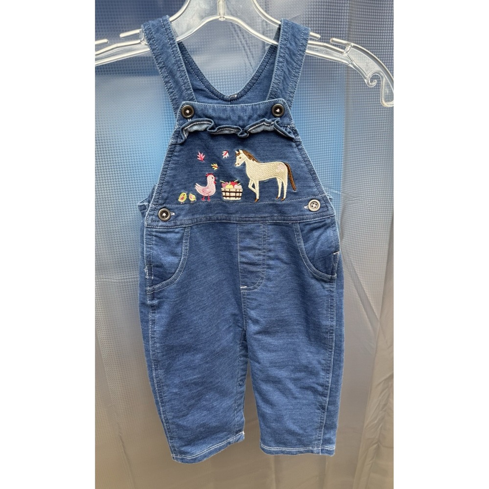 John Deere Infant 3/6 mo Donkey Chicken Apples Embroidered Overalls Cotton Denim